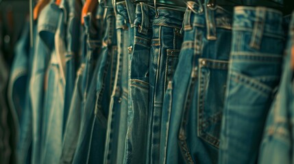 Many jeans dangling from a pegboard. A row of denim pants is hung in the closet. notion of shopping, buying, selling, and denim fashion - obrazy, fototapety, plakaty