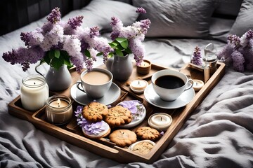 Obraz na płótnie Canvas A wooden tray holds a cup of coffee, some cookies, burning candles, and fresh lilac flowers. The cozy breakfast setup is on a gray bed with pillows, seen from a top view.