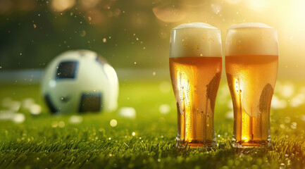 Golden beer on the background of a soccer ball and field