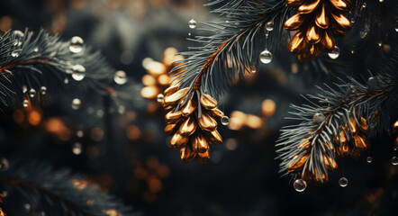 Fototapeta premium Drops of rain on the needles of the pine branch close up. Spring nature background.