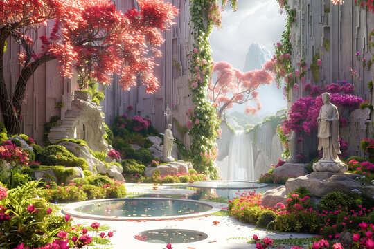 Imagine a celestial sanctuary where abstract gardens bloom under the watchful gaze of celestial guardians, their presence imbuing the space with tranquility