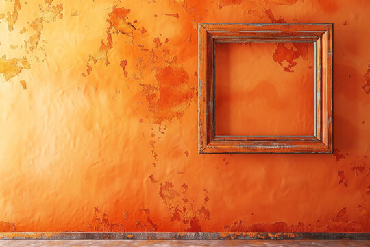 A gallery space with a soft orange wall, featuring a single empty frame. The frame's rustic orange texture complements the wall, creating a warm, welcoming atmosphere.
