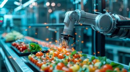 In a food production facility, AI agents work together to monitor product quality and detect anomalies swiftly, reducing downtime and increasing consumer safety. - obrazy, fototapety, plakaty