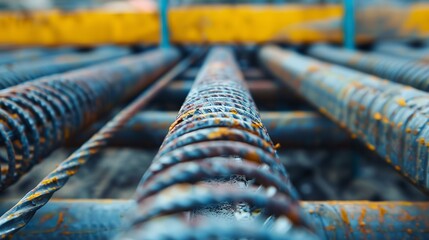 Construction site, reinforcing steel rod and deformed bar with rebar. - obrazy, fototapety, plakaty