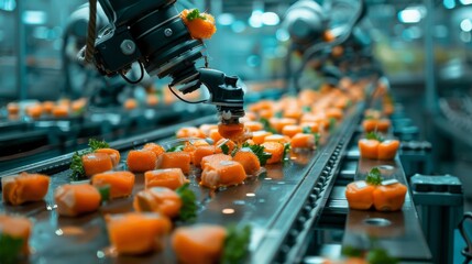 In a food production facility, AI agents work together to monitor product quality and detect anomalies swiftly, reducing downtime and increasing consumer safety. - obrazy, fototapety, plakaty
