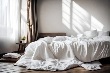 Fototapeta na wymiar An unmade bed with white linens. with blanket on bed unmade. Concept of relaxing after morning.
