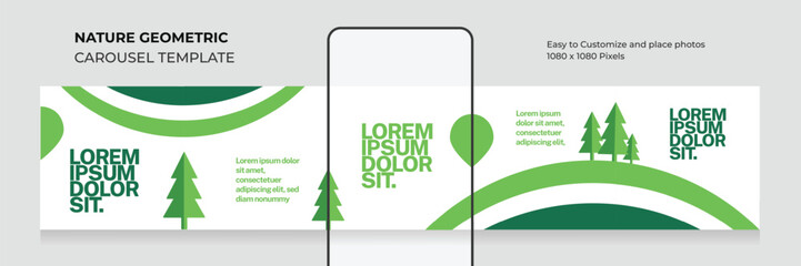 Nature geometric carousel template. Editable. Modern. Minimalist. Clean. Social media carousel for vegan, green, organic. EPS vector illustration.