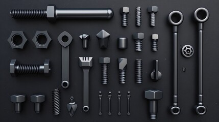 Bolts, nuts, and nails set. A collection of different iron screws.