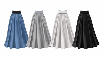 A group of women's skirts set apart against a white backdrop. a flat style. template for a mockup. long dresses. Sign, Realistic vector illustration. Black, gray, blue and white. - obrazy, fototapety, plakaty