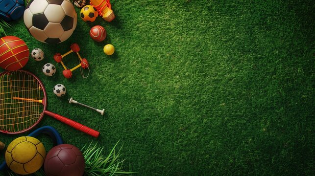 A flat lay of various colorful sports equipment on green grass. Text copy space