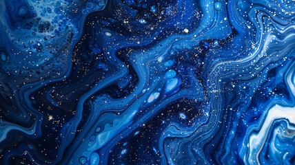 A liquid abstract marble painting background with a rich, royal blue base and white glitter splatter, reminiscent of a starry night, captured in stunning high-definition, showcasing