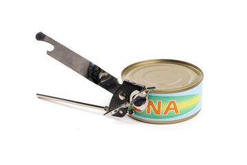 A can of white tuna such as Albacore with a fake, generic Tuna label, and a hand can opener isolated on white