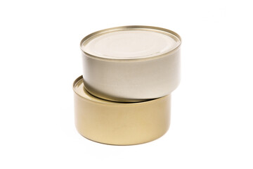 Two unlabelled cans of a fish like tuna or salmon in a stack, isolated on white