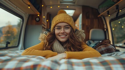 Independent Gen Z Woman Influencer Embracing Solo Van Life Travel - Brown