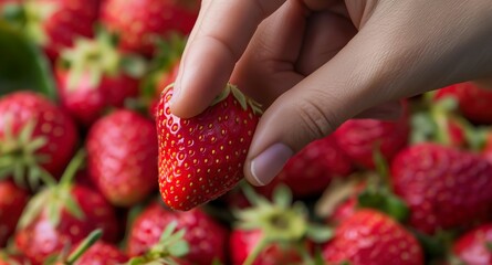 A hand grabs a strawberry among many others, each as appetizing as the other - obrazy, fototapety, plakaty