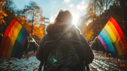 Person in a wheelchair is silhouetted against the autumn sunlight, proudly holding up rainbow flags, symbolizing inclusivity and LGBTQ+ pride in a vibrant seasonal setting. - obrazy, fototapety, plakaty