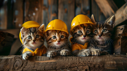 Mischievous Builders-in-Training: Cuddly Kittens in Chic Construction Worker Costumes, Ready for their Next Project Adventure