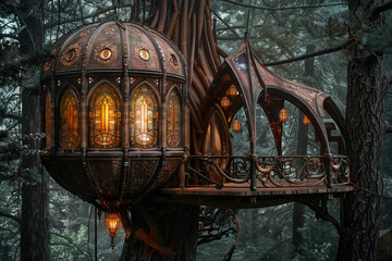 Imagine an abstract treehouse suspended among the branches of ancient trees, its organic structure...