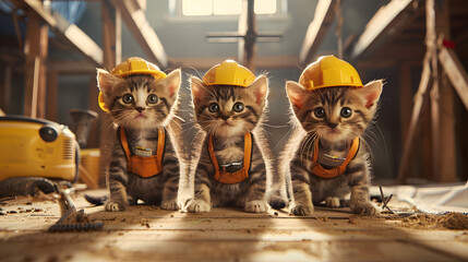 Cuteness Overload: Adorable Kittens Dressed as Construction Workers Ready to Take on Their Next Project - A Playful Blend of Concept Animal Fashion and Feline Fun
