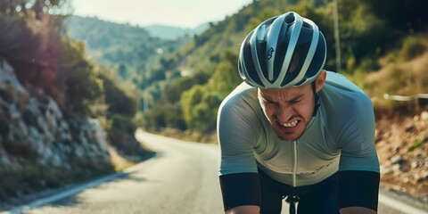 A cyclist grimaces in pain while riding through a mountain route showing signs of joint and muscle discomfort . Concept Sports Injuries, Outdoor Activities, Exercise Pain, Cycling Challenges - obrazy, fototapety, plakaty