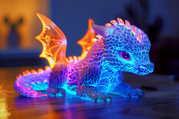 Produce a baby dragon sculpture made entirely of neon-colored light, emitting a soft glow against a dark backdrop