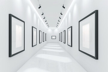 A minimalist art gallery with bright white walls and a series of small, jet black frame mockups evenly spaced. Each frame is highlighted by a narrow, intense beam o