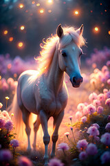 cute horse angle In the glowing flower garden, a fantasy land