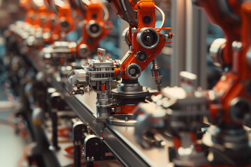 A line of robots are being assembled in a factory