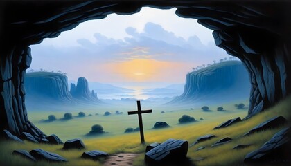 Three crosses on a hill with a path leading down to a misty valley with peoples during  sunset with rains , View from inside a cave looking out at three crosses on a hill in the distance with a misty. - obrazy, fototapety, plakaty
