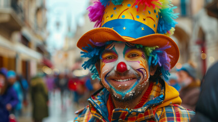 A smiling male clown on a street. - obrazy, fototapety, plakaty