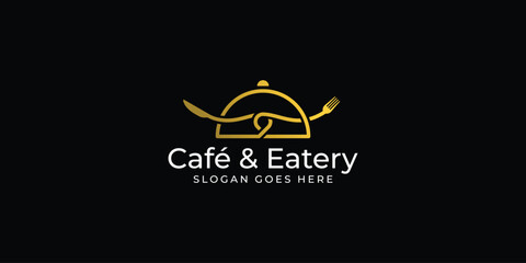 Creative Cafe and Eatery Logo. Cover Dish, Fork and Knife with Gradient Color. Luxury Restaurant Logo Icon Vector Design Inspiration.