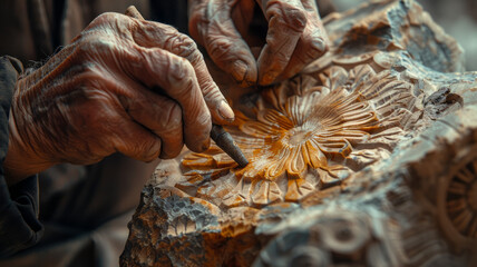 Elderly person carving wood