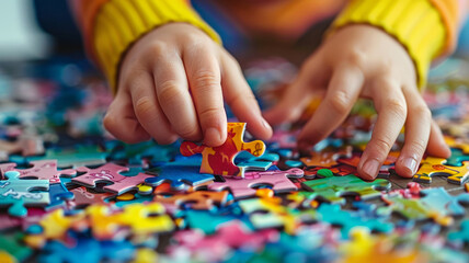 A child's hands solving a puzzle. - obrazy, fototapety, plakaty