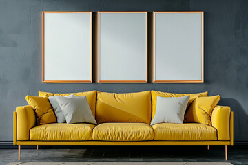 A modern Scandinavian living room with a lemon yellow sofa against a charcoal grey wall. Three blank mock-up poster frames in a rose gold finish add a touch of glamour above the sofa. 