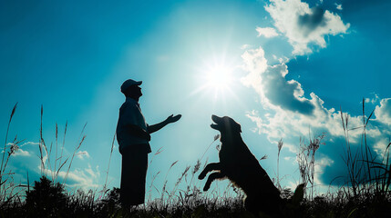 Joyful Silhouette of Man Playing with Dog in Sunny Field