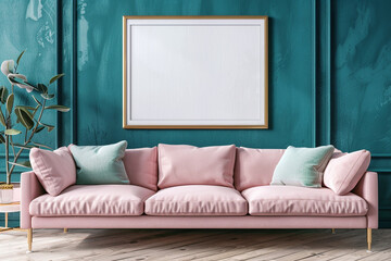 A modern Scandinavian living room with a blush pink sofa set against a deep teal wall. One large blank empty mock-up poster frame in a glossy gold finish adds a touch of glamour above