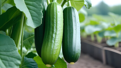 Green cucumbers plant grow in greenhouse, close-up. Organic food agriculture concept. A backing from cucumber plant with cucumbers for branding, calendar, postcard, wallpaper, poster, banner, website