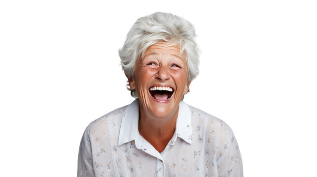 A serene elderly woman beams with joy, her lined face exuding warmth and wisdom