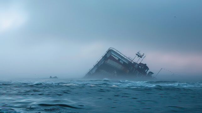 Twilight mist over a capsized cargo ship, dramatic rescue operation underway, hint of bravery and despair