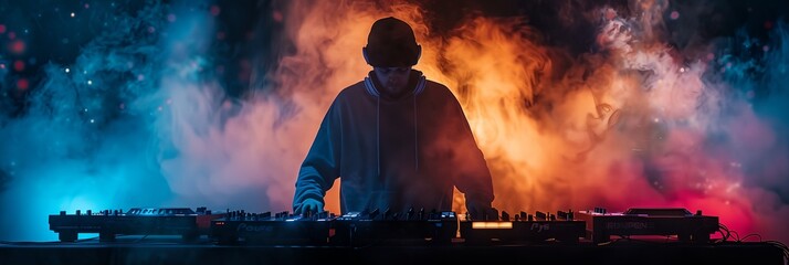 A man is playing a DJ set in a smoke filled room