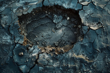 A hole in the ground with a dark blue sky in the background