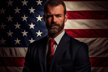 Portrait of a middle aged suitted up businessman with an american flag on the background. Patriotism Concept. Generative AI