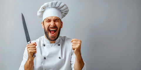emotional happy male chef in hat holding knife in hand screams against an isolated white background