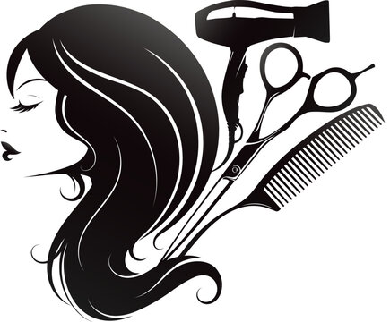 recommend clip art: Girl silhouettes and scissors comb hairdryer