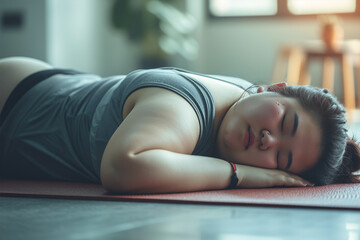 Asian young female plus size in sport wear lying tired from exercise training on yoga mat in living room
