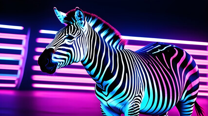 Fototapeta na wymiar head of Zebra with black and white stripes on a neon background