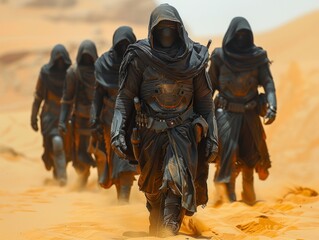 Tense portrayal of an armored squad navigating through desert dunes, a perfect fit for storytelling in sci-fi and dystopian themes, dune people . - obrazy, fototapety, plakaty