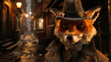 Illustration of a fox dressed as a detective. - obrazy, fototapety, plakaty