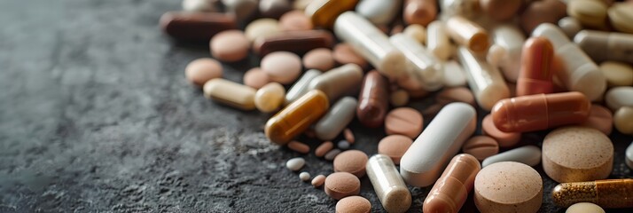 A pile of pills of various colors and shapes - obrazy, fototapety, plakaty