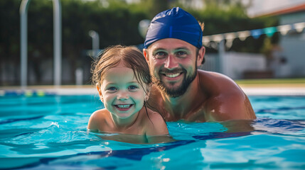 Niña con su papá aprendiendo a nadar en una piscina